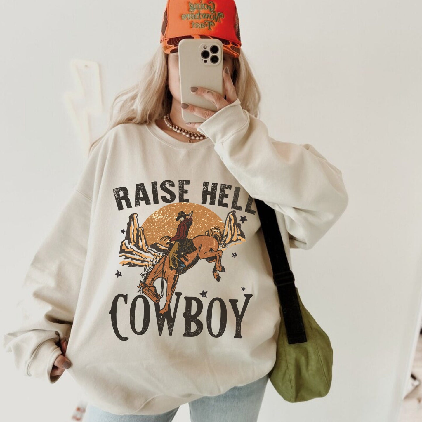 Raise Hell Cowboy Sweatshirt, Cowgirl Sweater, Cowboy Hoodie, Western Sweatshirt, Country Western Shirt, Retro Western Shirt, Rodeo Shirt