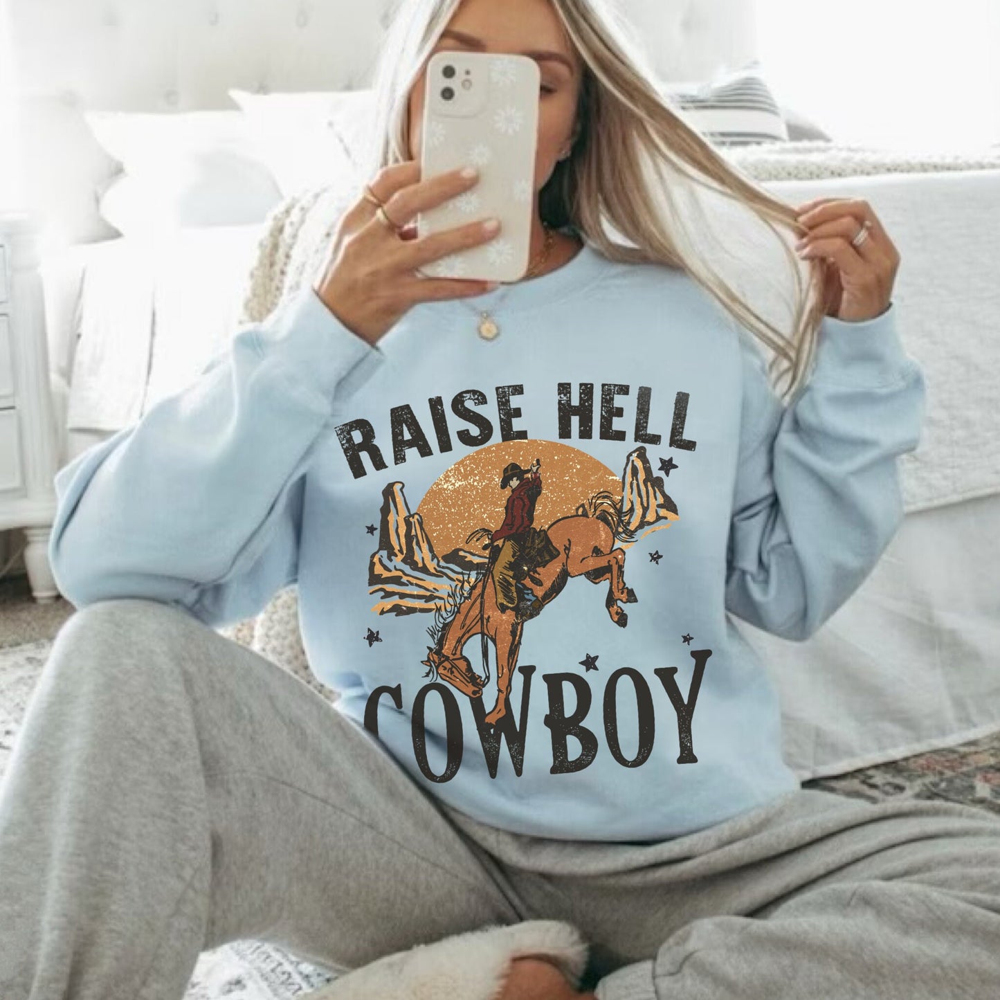 Raise Hell Cowboy Sweatshirt, Cowgirl Sweater, Cowboy Hoodie, Western Sweatshirt, Country Western Shirt, Retro Western Shirt, Rodeo Shirt