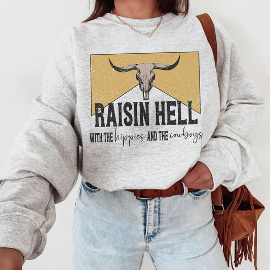 Raisin Hell Country Western Crewneck Sweatshirt, Western Graphic Tee, Trendy Clothes, Cowboy Sweatshirt, Country Music Shirt, Western Shirt