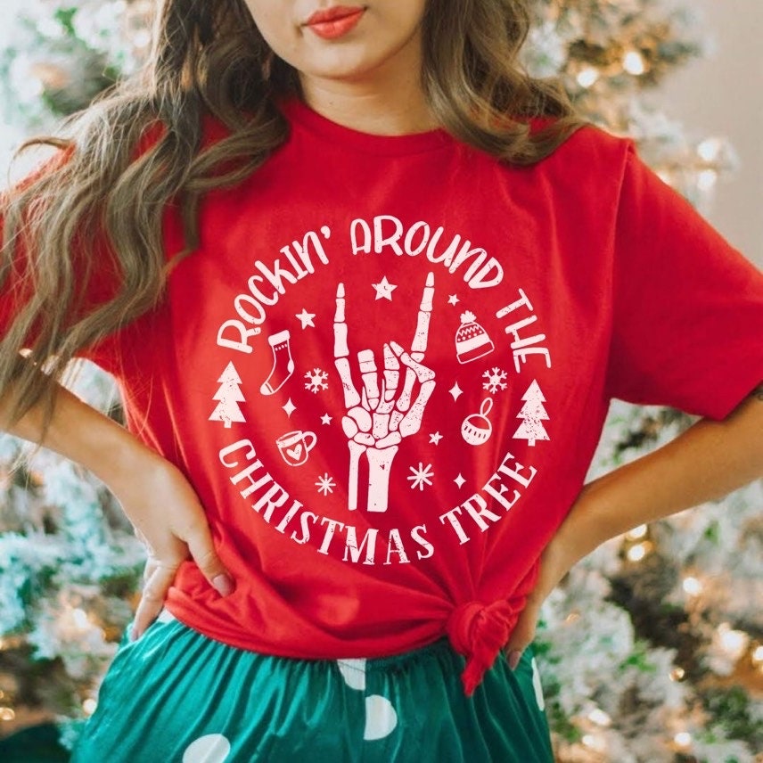 Vintage Rockin Around The Christmas Tree Skeleton Shirt, Matching Family Christmas Shirts, Cute Christmas Shirt, Vintage Christmas Shirt