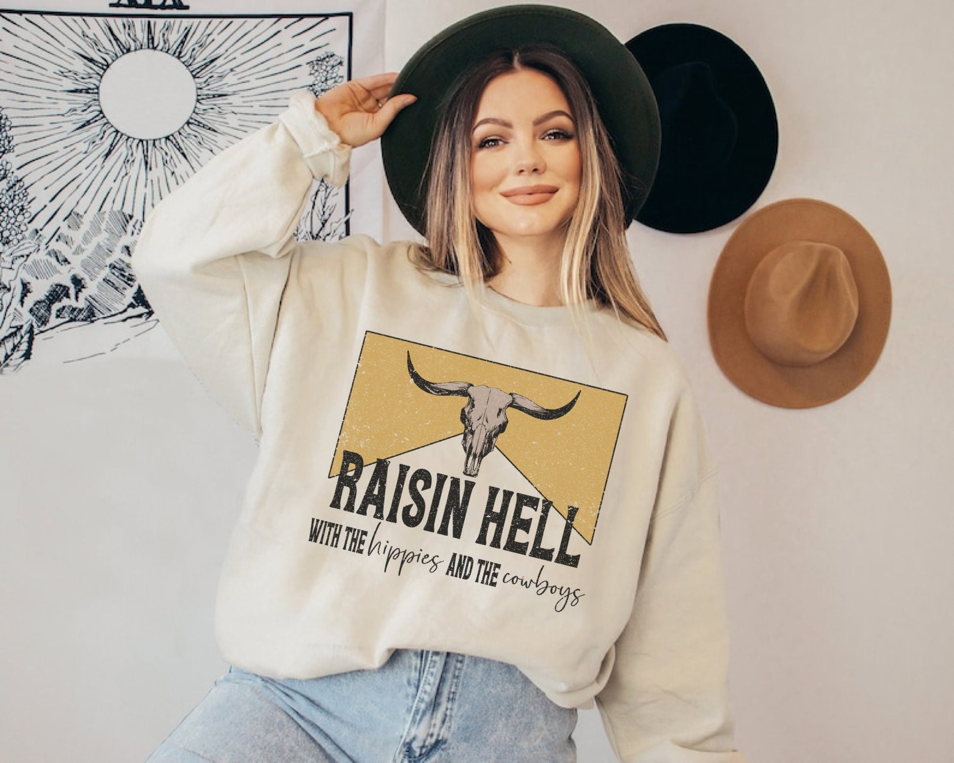 Raisin Hell Country Western Crewneck Sweatshirt, Western Graphic Tee, Trendy Clothes, Cowboy Sweatshirt, Country Music Shirt, Western Shirt