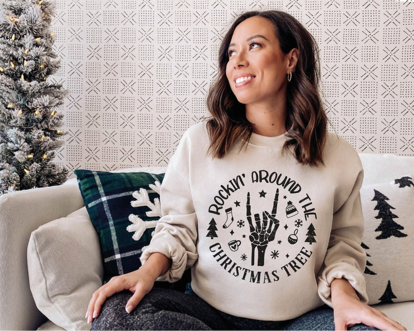 Rockin Around Sweatshirt, Christmas Skeleton Sweater, Holiday Hoodies, Matching Family Shirts, Retro Santa Sweatshirt, Cute Xmas Pullover