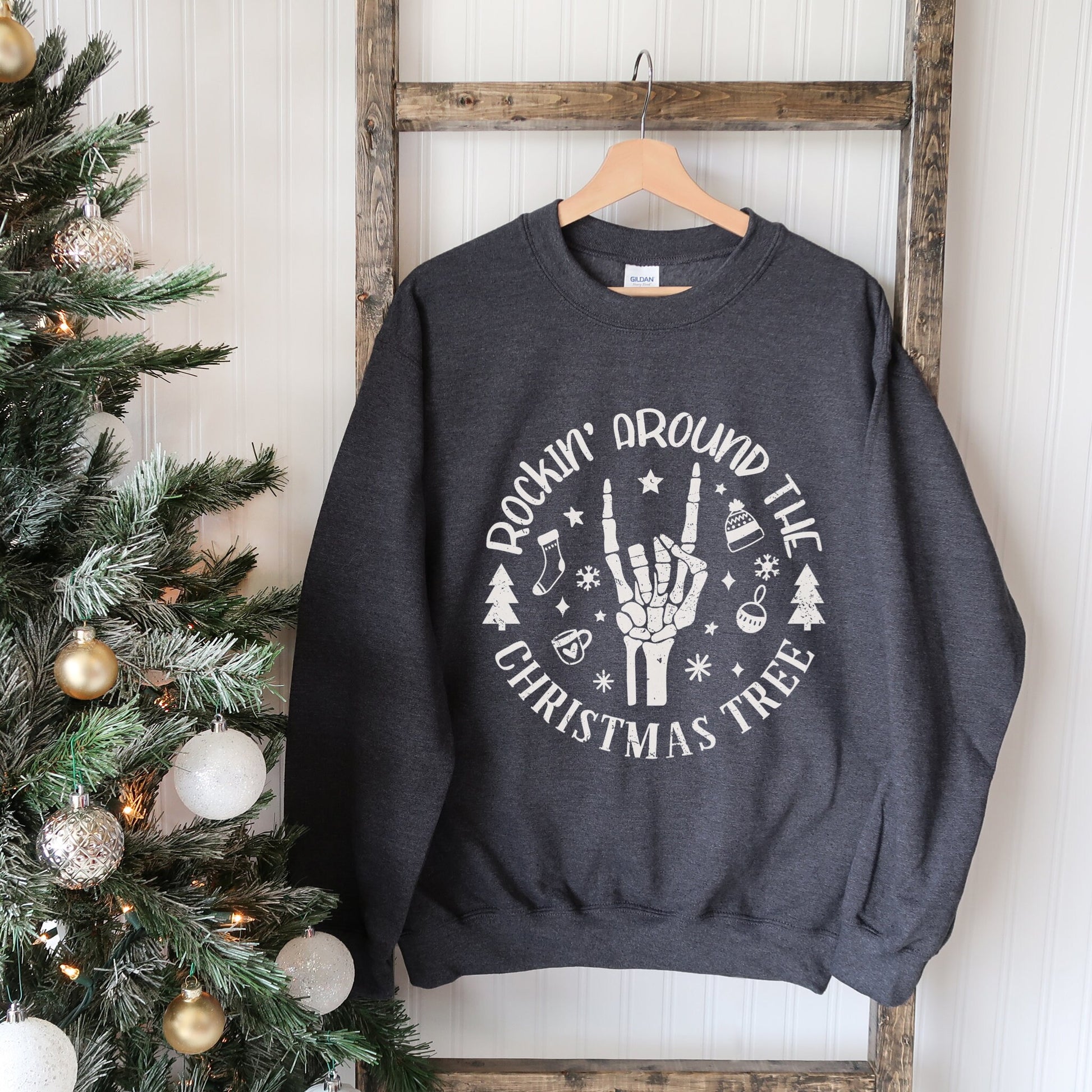 Rockin Around Sweatshirt, Christmas Skeleton Sweater, Holiday Hoodies, Matching Family Shirts, Retro Santa Sweatshirt, Cute Xmas Pullover