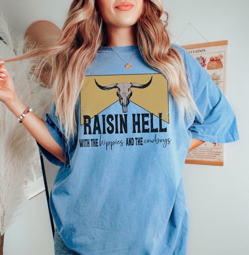 Comfort Colors Raisin Hell Country Western Graphic Tee, Western Clothes, Trendy Clothes, Cowboy Shirt, Country Music Shirt, Western Shirt