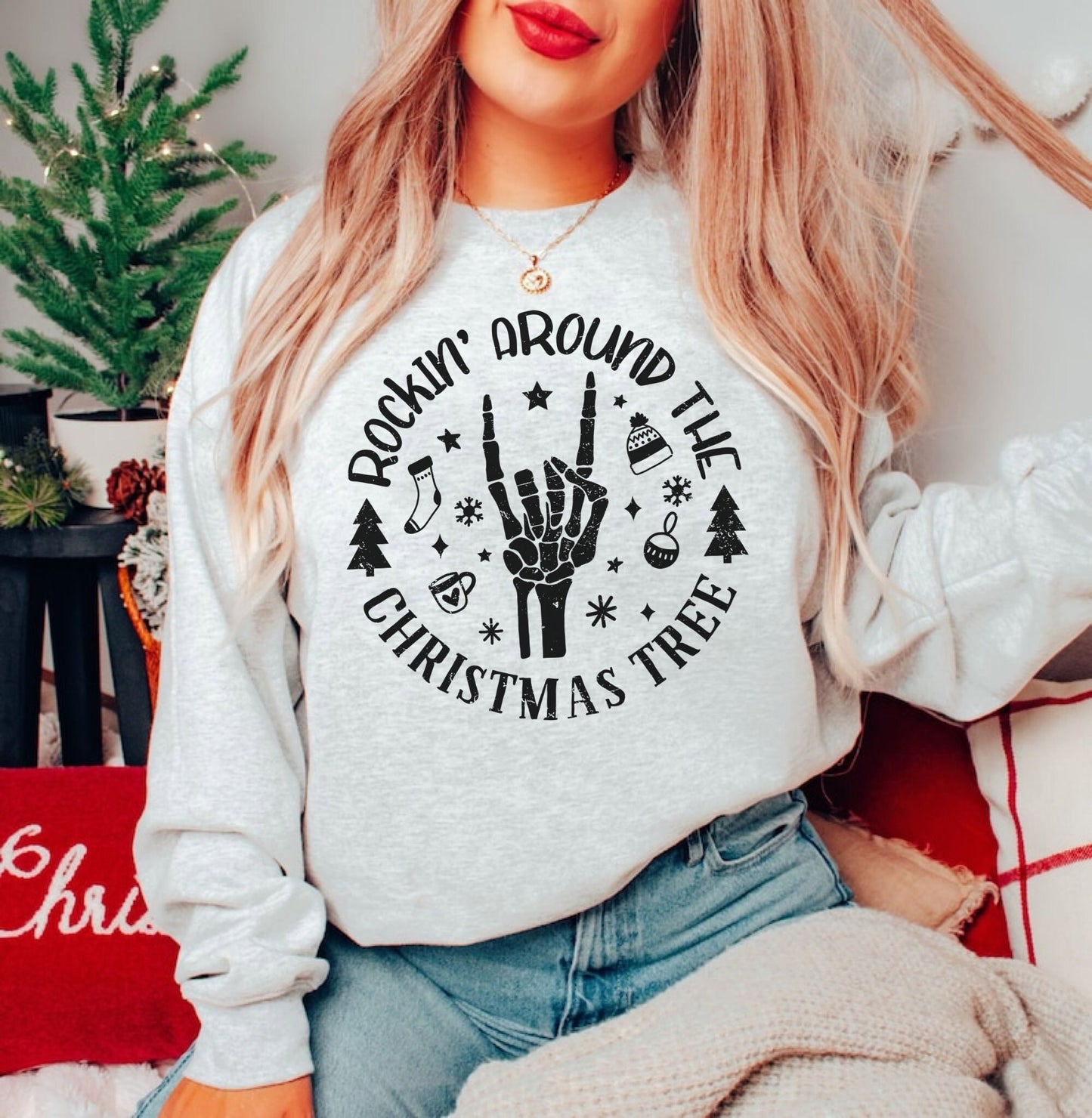 Rockin Around Sweatshirt, Christmas Skeleton Sweater, Holiday Hoodies, Matching Family Shirts, Retro Santa Sweatshirt, Cute Xmas Pullover