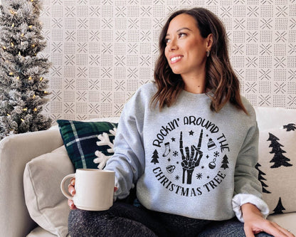 Rockin Around Sweatshirt, Christmas Skeleton Sweater, Holiday Hoodies, Matching Family Shirts, Retro Santa Sweatshirt, Cute Xmas Pullover