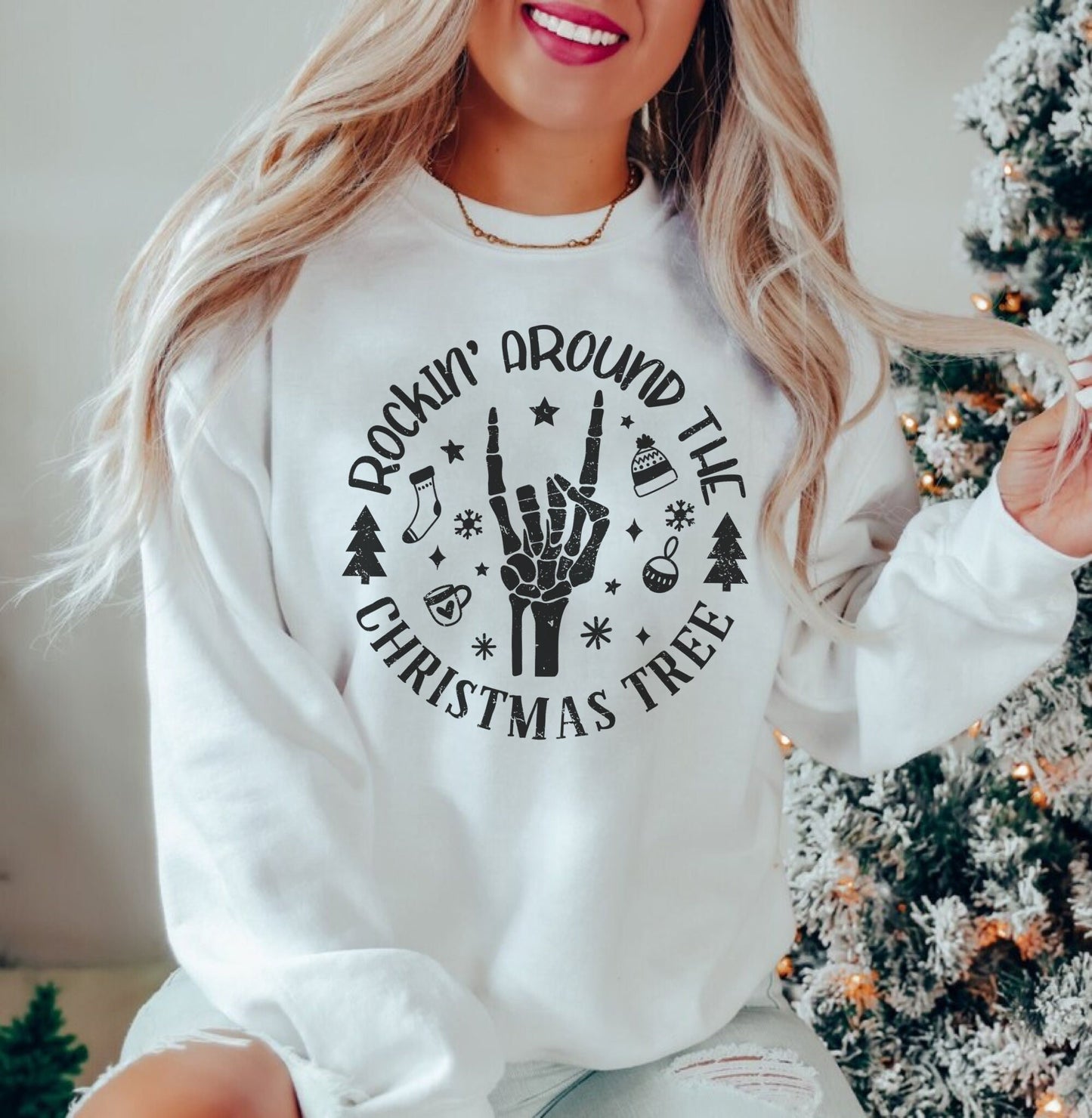 Rockin Around Sweatshirt, Christmas Skeleton Sweater, Holiday Hoodies, Matching Family Shirts, Retro Santa Sweatshirt, Cute Xmas Pullover