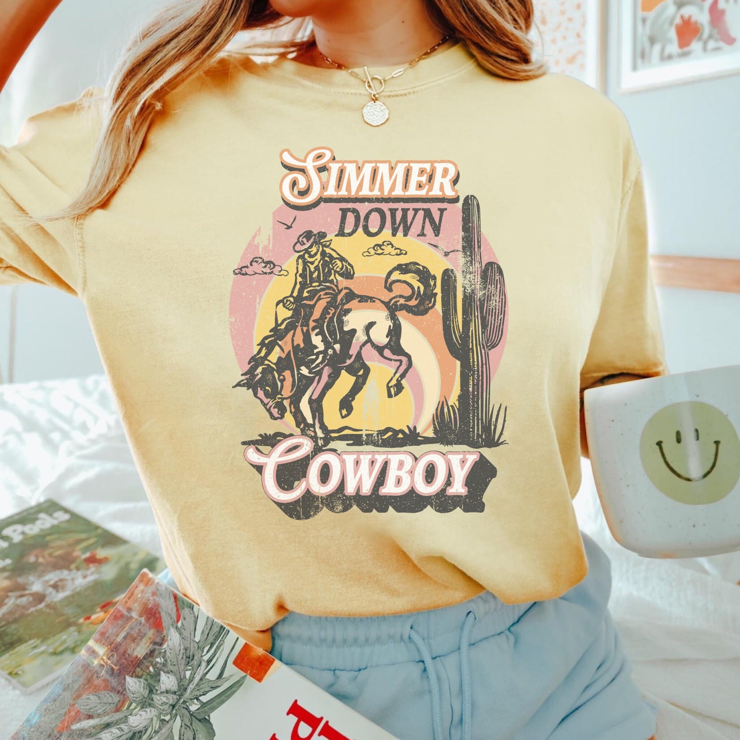 Simmer Down Cowboy Shirt, Western Fashion, Cute Concert Outfit, Cowboy Graphic Tee, Boho Cowgirl Shirt, Oversized Country Tees, Rodeo Tshirt