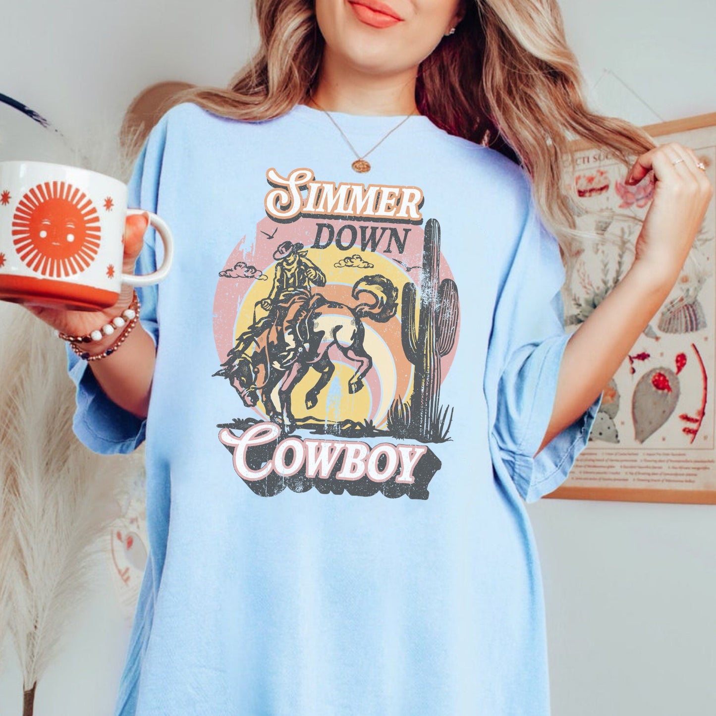 Simmer Down Cowboy Shirt, Western Fashion, Cute Concert Outfit, Cowboy Graphic Tee, Boho Cowgirl Shirt, Oversized Country Tees, Rodeo Tshirt