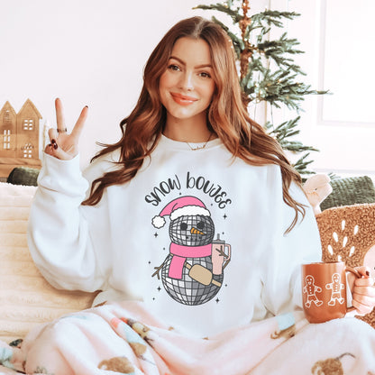 White Crewneck Sweatshirt with retro pink santa hat disco ball snowman