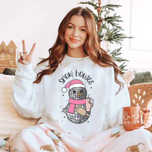 White Crewneck Sweatshirt with retro pink santa hat disco ball snowman