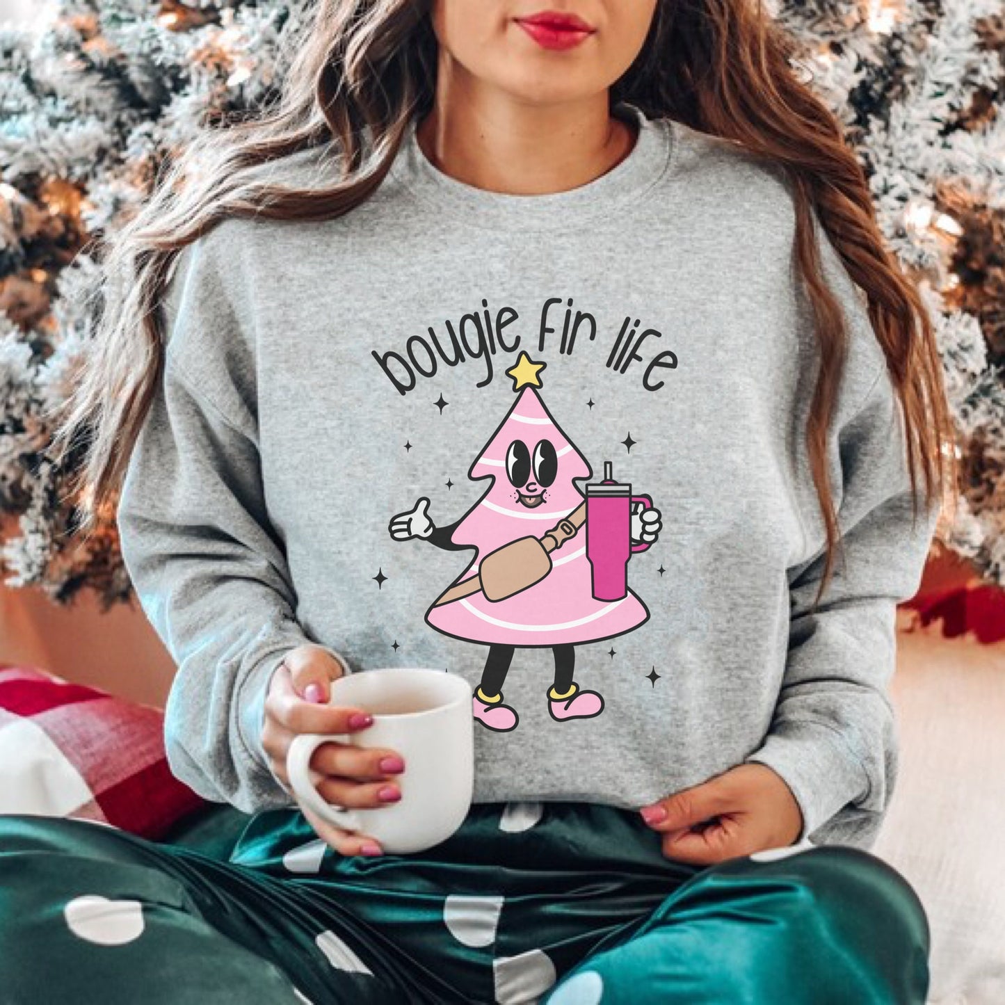 Bougie Fir Life Sweatshirt, Pink Christmas Tree Sweater, Trendy Holiday Shirts, Cute Xmas Crewneck, Winter Sweatshirt, Aesthetic Hoodies