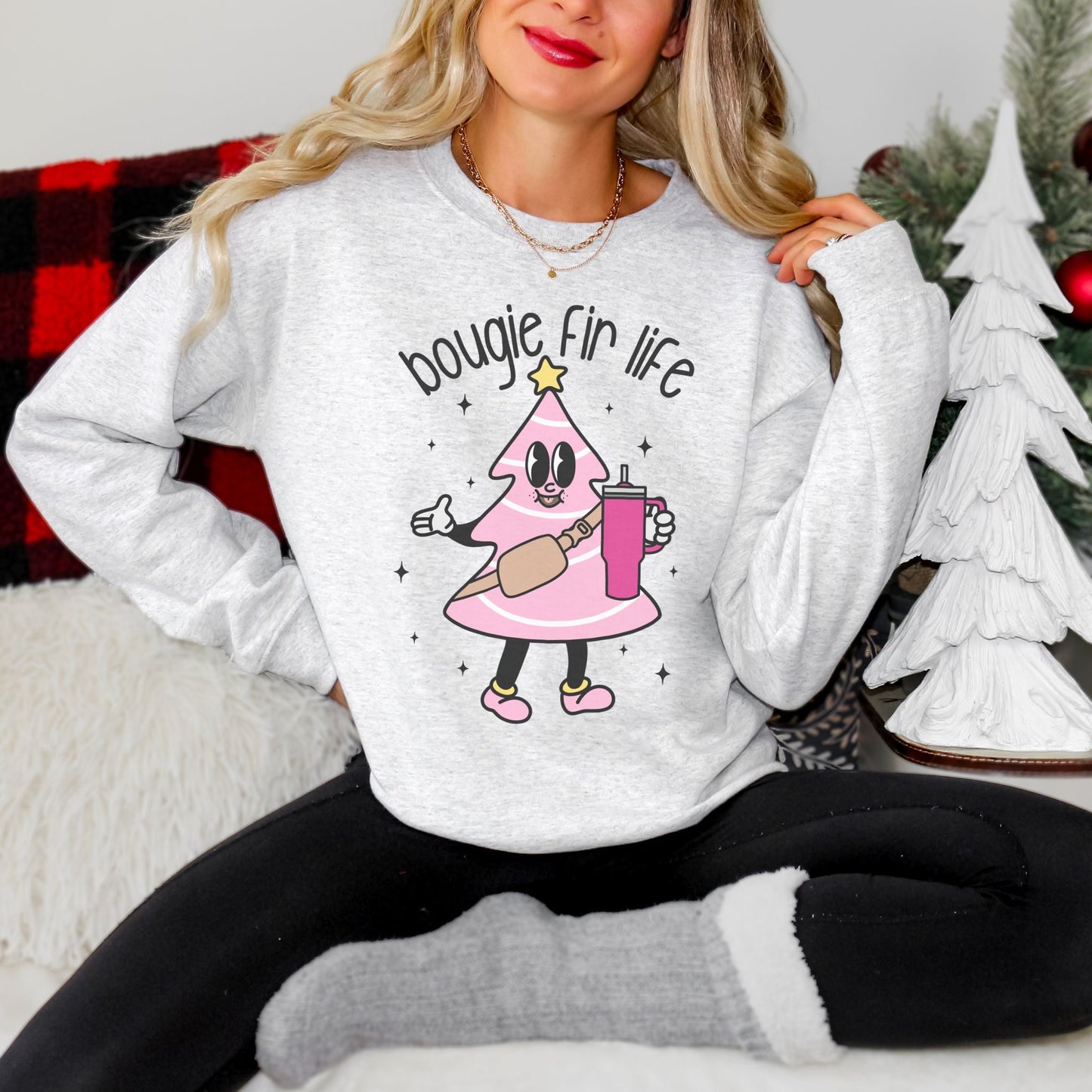 Pink Christmas Tree Sweatshirt, Bougie Fir Life Xmas spruce tree crewneck sweater