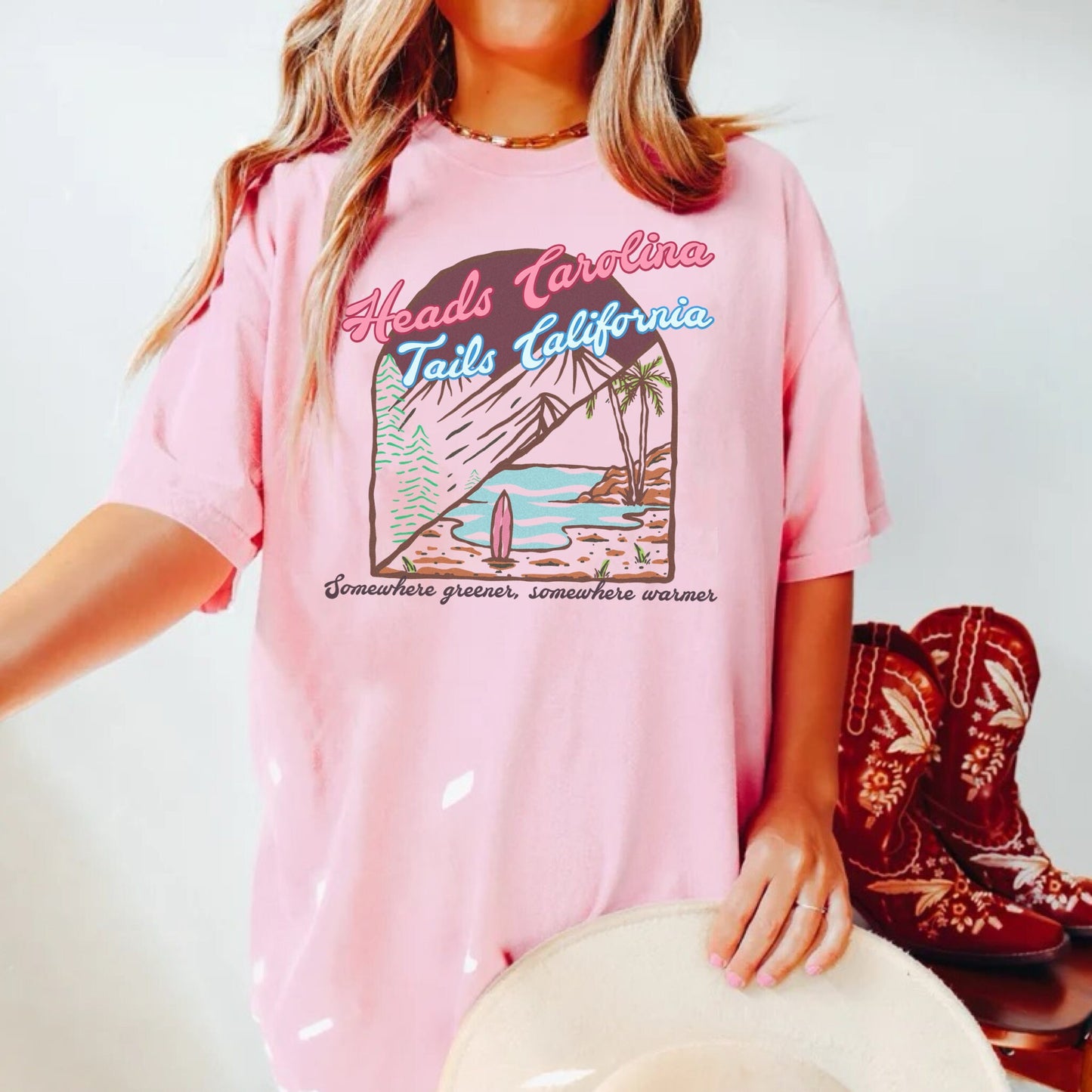 Heads Carolina Tails California, 90s Country Music Shirt, Western Summer, Coastal Shirt, Cowgirl Beach Tshirt, Trendy Nashville Tee, Travel