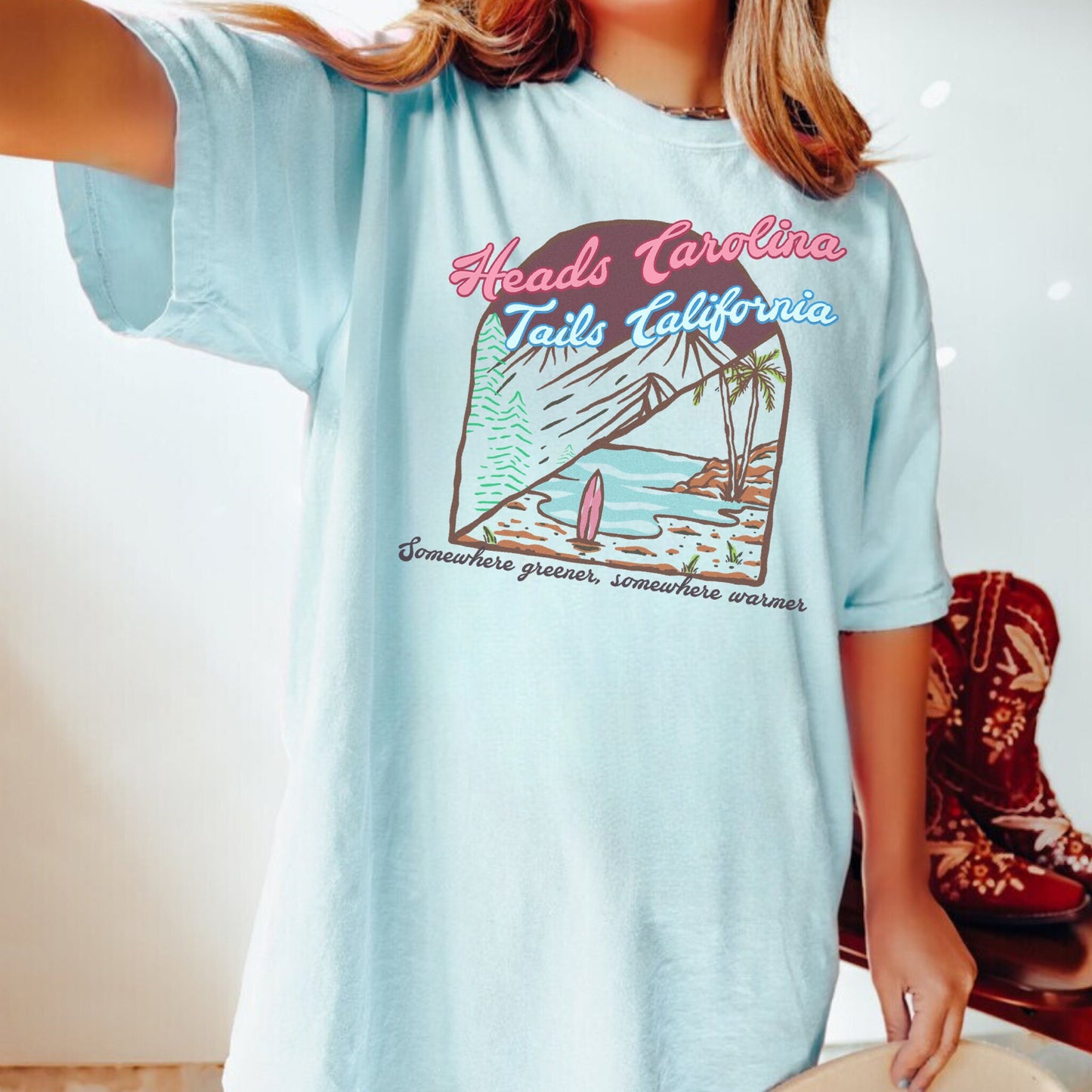 Heads Carolina Tails California, 90s Country Music Shirt, Western Summer, Coastal Shirt, Cowgirl Beach Tshirt, Trendy Nashville Tee, Travel