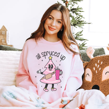 All Spruced Up Sweatshirt, Pink Christmas Tree Sweater, Trendy Holiday Shirts, Cute Xmas Crewneck, Cozy Winter Sweatshirt, Aesthetic Hoodies