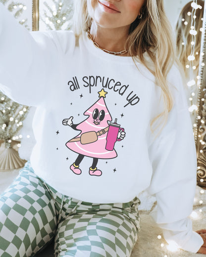 All Spruced Up Sweatshirt, Pink Christmas Tree Sweater, Trendy Holiday Shirts, Cute Xmas Crewneck, Cozy Winter Sweatshirt, Aesthetic Hoodies