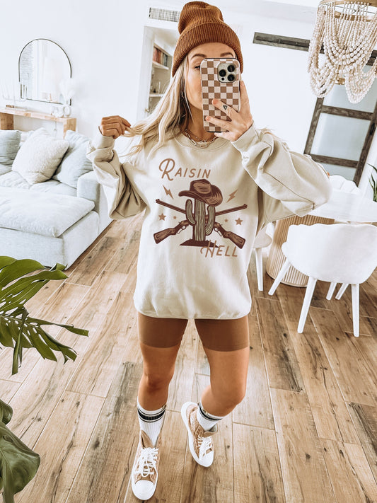 Raisin Hell Sweatshirt, Western Sweatshirt, Country Music Sweatshirt, Cowboy Sweatshirt, Cowgirl Crewneck, Western Clothes, Cactus Sweater