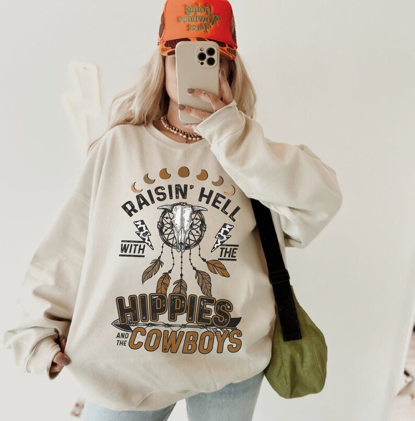 Raisin Hell With the Hippies And Cowboys, Western Graphic Sweatshirt, Country Crewneck, Cowgirl Sweater, Cowboy Sweatshirt, Trendy Sweater