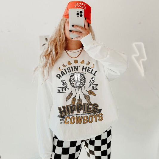 Raisin Hell With the Hippies And Cowboys, Western Graphic Sweatshirt, Country Crewneck, Cowgirl Sweater, Cowboy Sweatshirt, Trendy Sweater