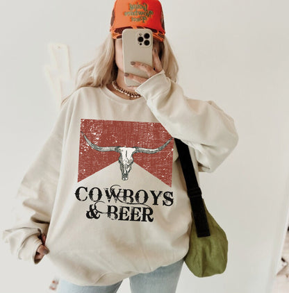 Cowboys And Beer Sweatshirt, Western Graphic Sweatshirt, Country Crewneck, Cowboy Sweatshirt, Cowgirl Hoodies, Country Sweatshirt, Wild West
