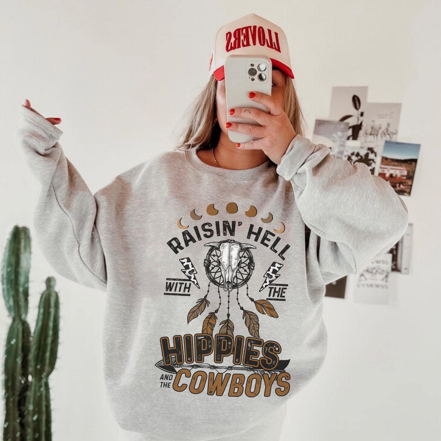 Raisin Hell With the Hippies And Cowboys, Western Graphic Sweatshirt, Country Crewneck, Cowgirl Sweater, Cowboy Sweatshirt, Trendy Sweater