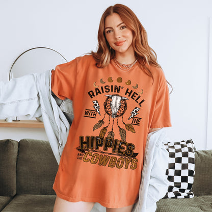 Raisin Hell With The Hippies And Cowboys, Cowboy Graphic Tee, Country Tee, Trendy Western Shirt, Cute Cowgirl Tops, Western Tshirt, Vintage