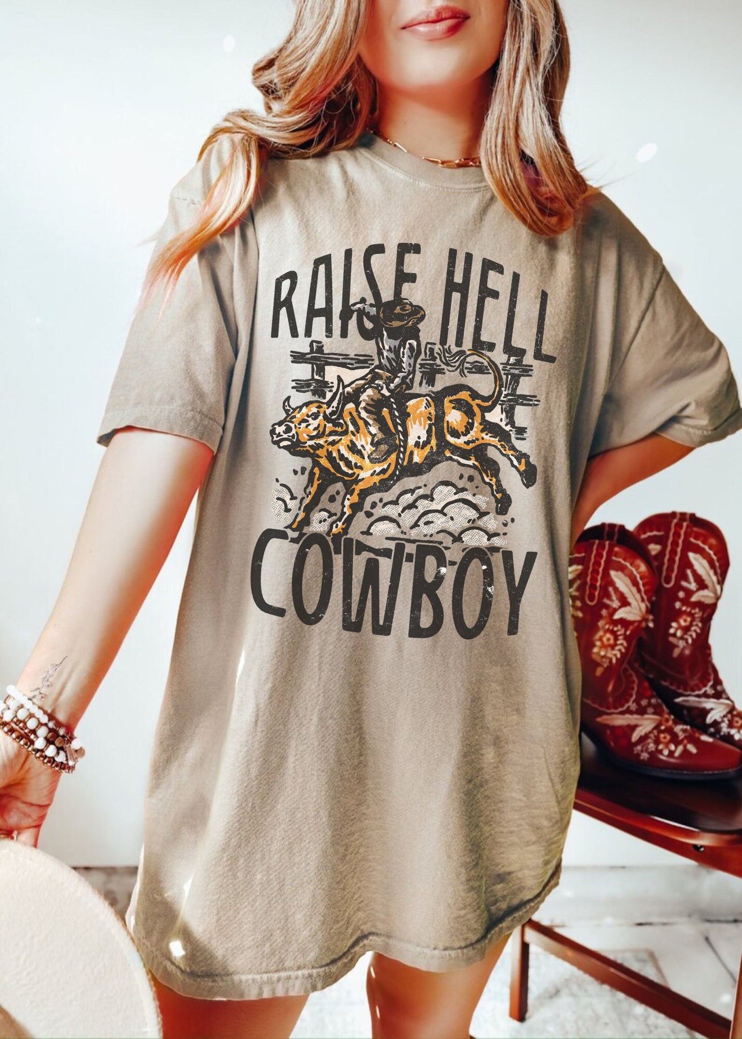 Raise Hell Cowboy Shirt, Rodeo Shirt, Cowgirl Rodeo, Western Cowboy Tshirt, Retro Country Shirt, Cute Country Shirts, Western Graphic Tee