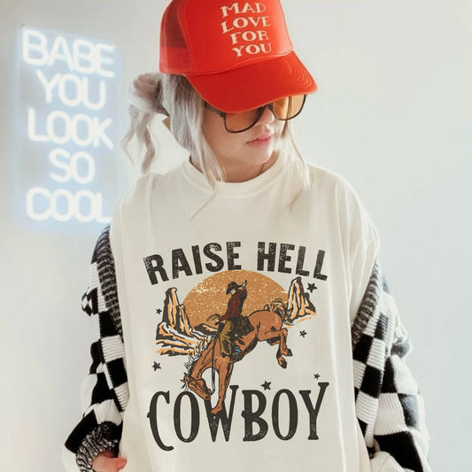 Raise Hell Cowboy Shirt, Cowboy Graphic Tee, Vintage Western Shirt, Retro Rodeo Shirt, Country Western Tee, Trendy Cowgirl Shirt, Texas Tee
