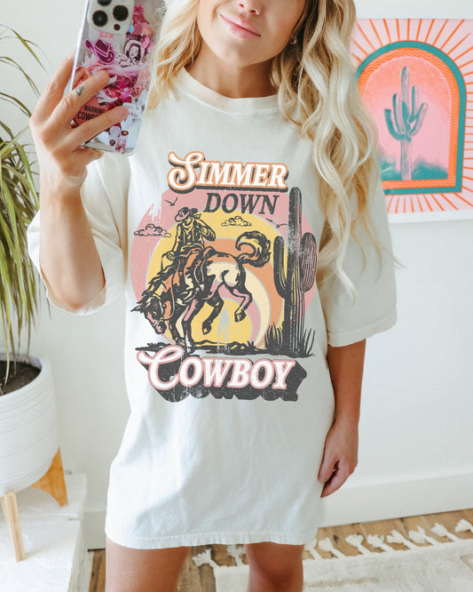 Simmer Down Cowboy Shirt, Western Fashion, Cute Concert Outfit, Cowboy Graphic Tee, Boho Cowgirl Shirt, Oversized Country Tees, Rodeo Tshirt
