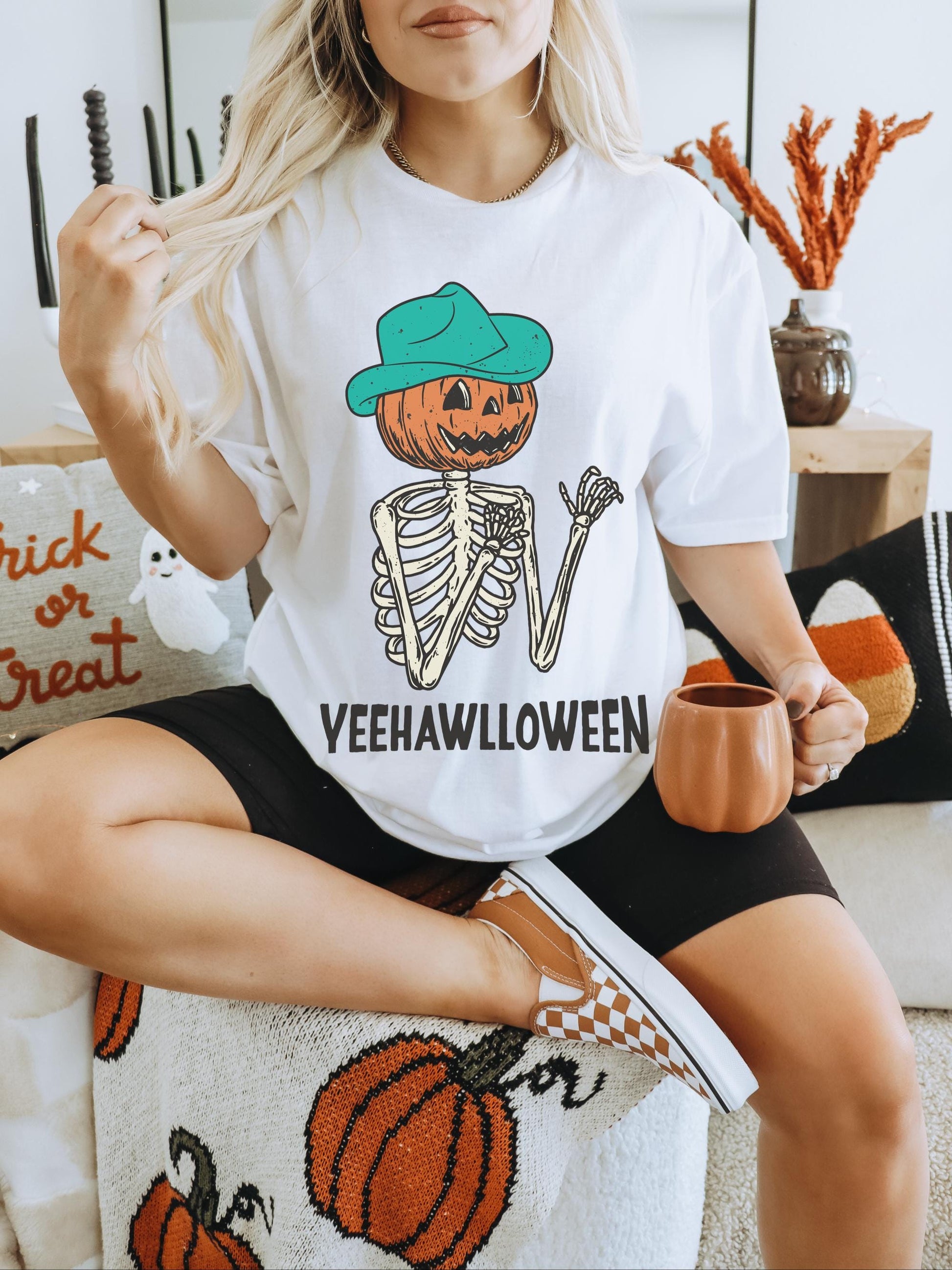Yeehawlloween Shirt, Spooky Skeleton Shirt, Trendy Halloween Tshirt, Fall Pumpkin Shirt, Cowboy Pumpkin Shirt, Oversized Halloween Shirt