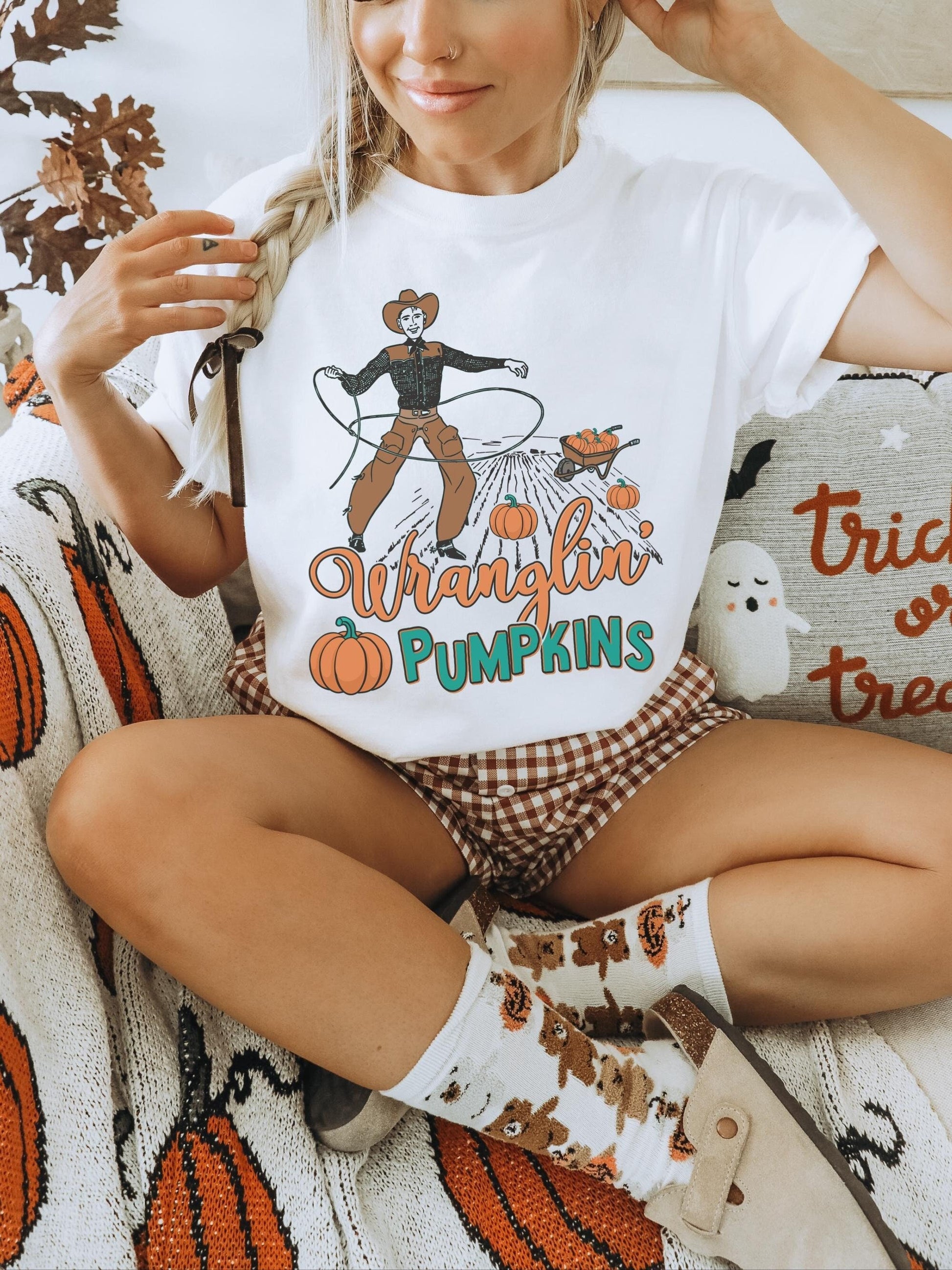 Wranglin Pumpkins Shirt, Halloween Cowboy Shirt, Western Halloween Shirt, Cute Pumpkin Shirt, Cowboy Ghost Shirt, Pumpkin Patch Shirt
