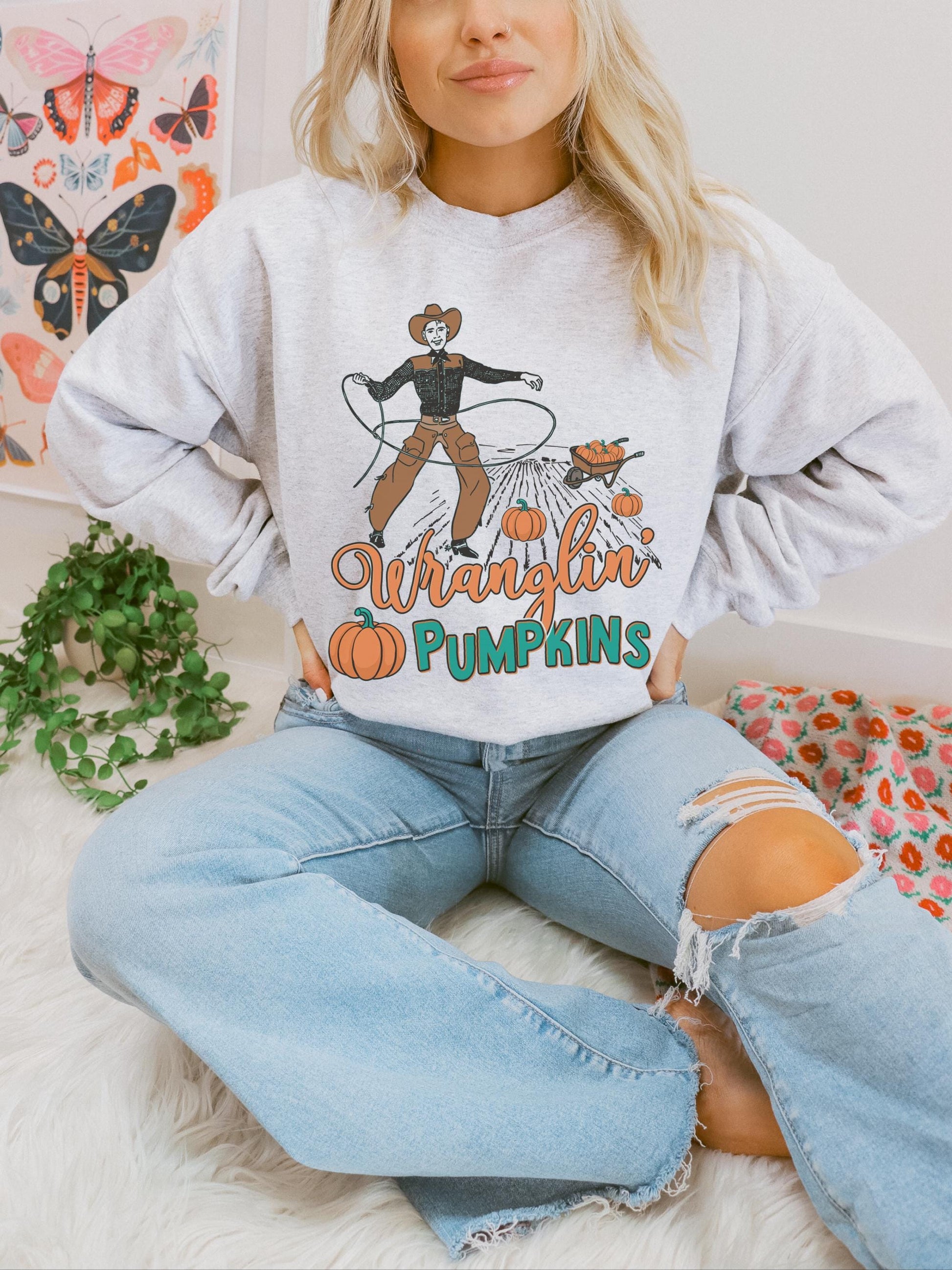 Wranglin Pumpkins Shirt, Western Halloween Shirt, Pumpkin Sweater, Spooky Season Sweatshirt, Country Halloween Shirt, Cute Fall Sweatshirt