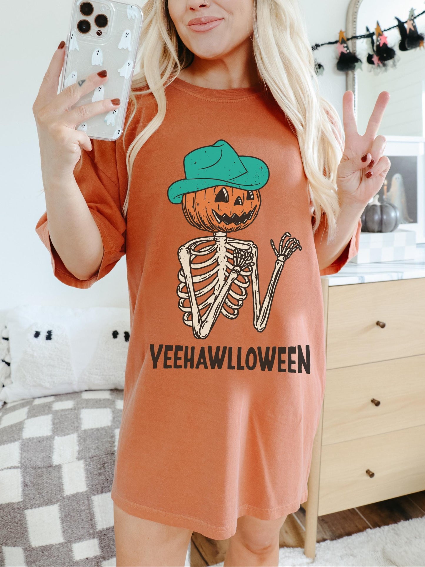 Yeehawlloween Shirt, Spooky Skeleton Shirt, Trendy Halloween Tshirt, Fall Pumpkin Shirt, Cowboy Pumpkin Shirt, Oversized Halloween Shirt