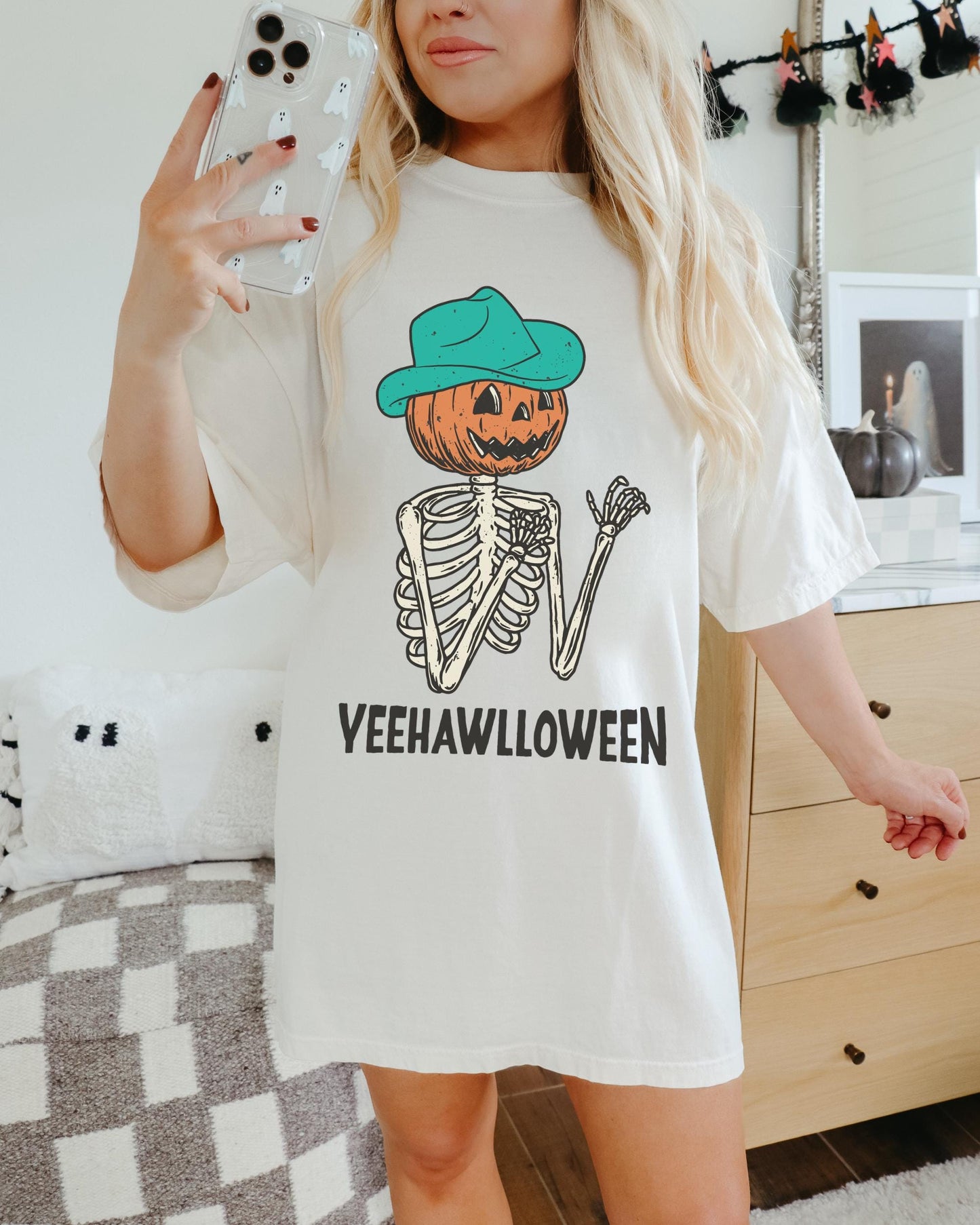 Yeehawlloween Shirt, Spooky Skeleton Shirt, Trendy Halloween Tshirt, Fall Pumpkin Shirt, Cowboy Pumpkin Shirt, Oversized Halloween Shirt