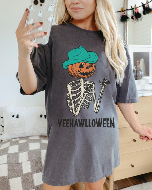 Yeehawlloween Shirt, Spooky Skeleton Shirt, Trendy Halloween Tshirt, Fall Pumpkin Shirt, Cowboy Pumpkin Shirt, Oversized Halloween Shirt