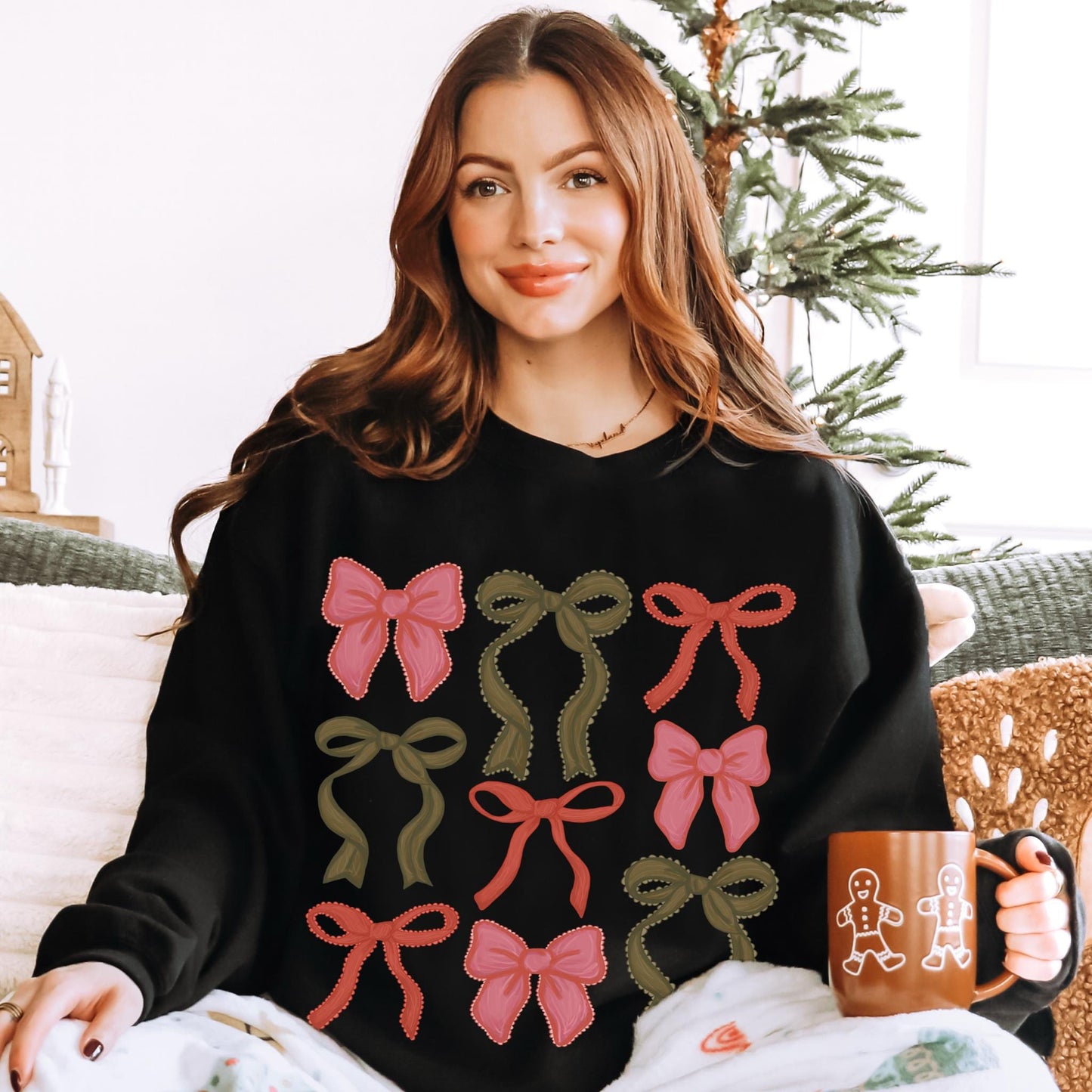 Coquette Christmas Bow Shirt, Cute Christmas Sweaters, Vintage Holiday Sweater, Festive Sweatshirt, Holiday Crewneck, Preppy Coquette Gifts