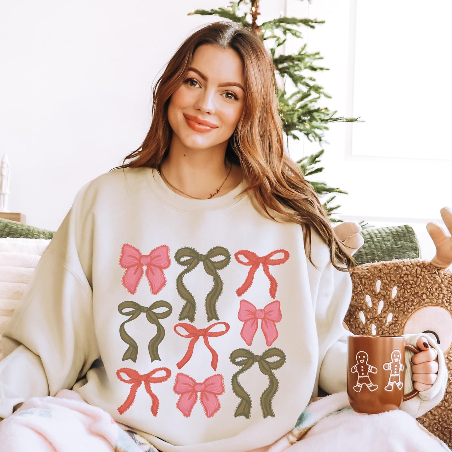 Coquette Christmas Bow Shirt, Cute Christmas Sweaters, Vintage Holiday Sweater, Festive Sweatshirt, Holiday Crewneck, Preppy Coquette Gifts