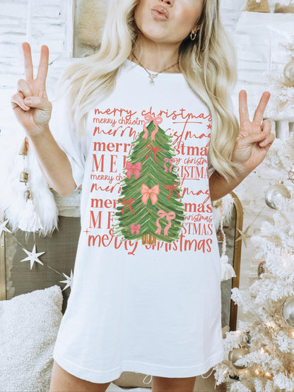 Merry Christmas Tree Shirt, Coquette Christmas Shirt, Christmas Tree Shirt, Cute Christmas Tee, Holiday Party Shirt, Trendy Christmas Shirt