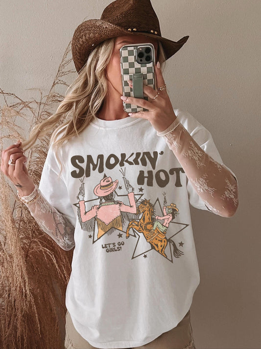 Smokin Hot Shirt, Lets Go Girls Shirt, Cowgirl Graphic Tee, 90s Country Shirt, Country Concert Shirt, Trendy Western Shirts, Cute Cowboy Tee