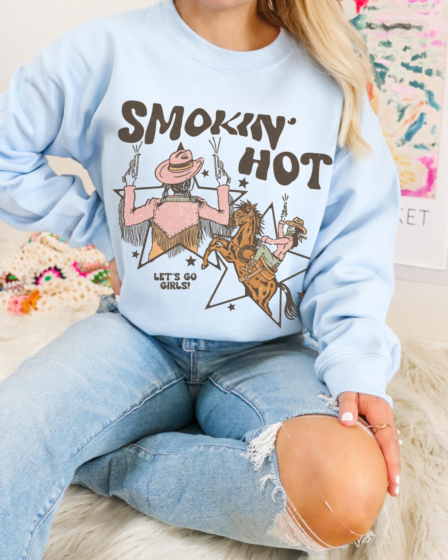 Smokin Hot Sweatshirt, Lets Go Girls Shirt, Cowgirl Graphic Tee, 90s Country Shirt, Country Concert Shirt, Trendy Western Shirts, Cowboy Tee