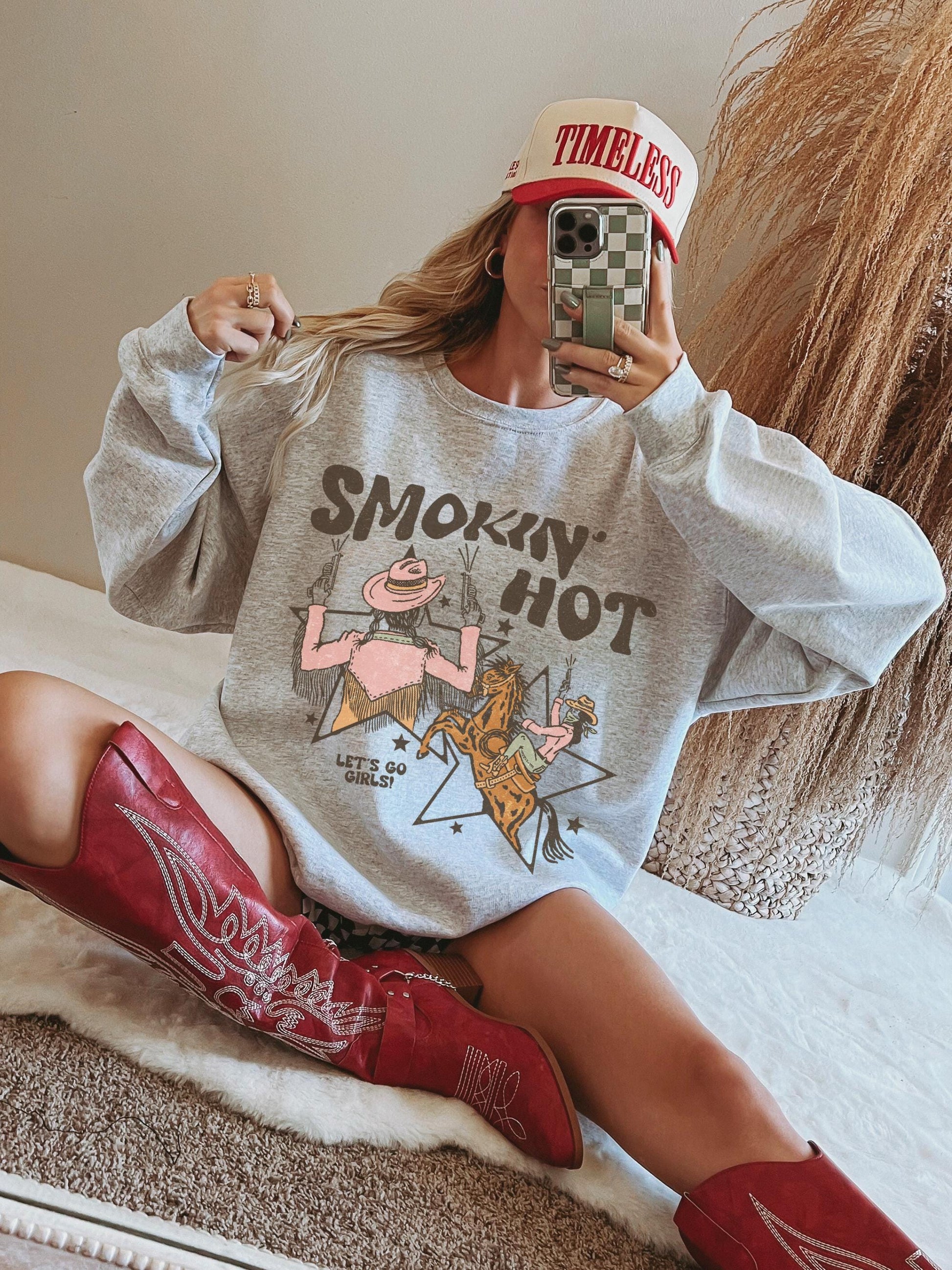 Smokin Hot Sweatshirt, Lets Go Girls Shirt, Cowgirl Graphic Tee, 90s Country Shirt, Country Concert Shirt, Trendy Western Shirts, Cowboy Tee